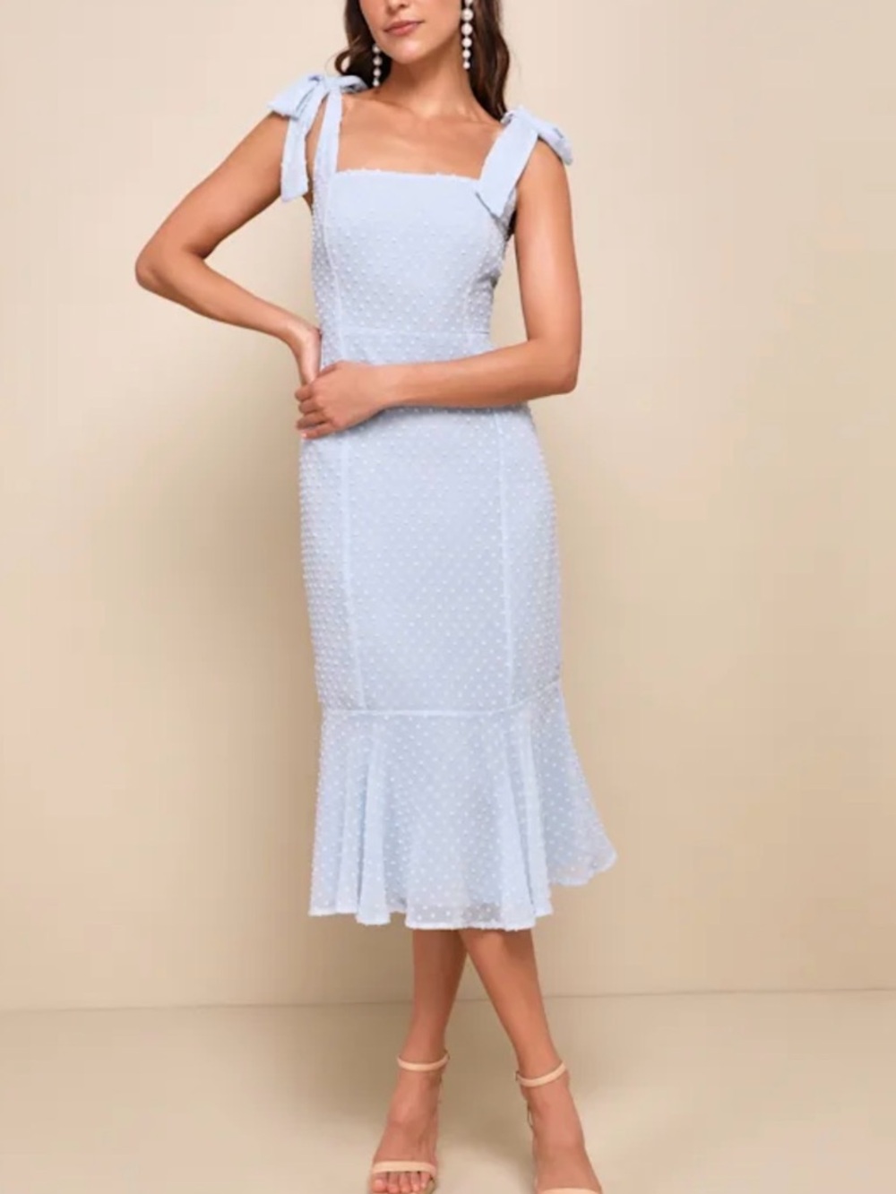 Lulus Bimini Periwinkle Blue Swiss Dot Tie-Strap Midi Dress